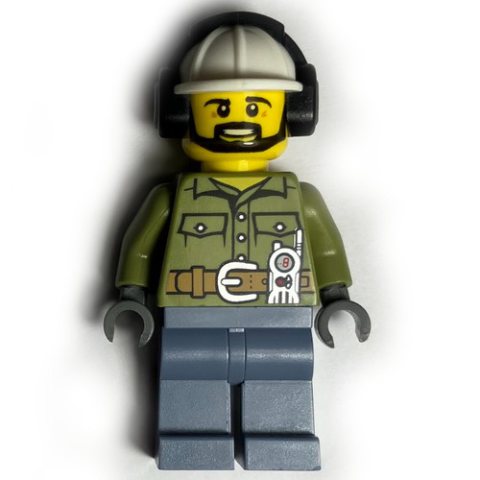 Minifigurka LEGO Volcano Explorer, Man, Olive Green Shirt, White Hard Hat with Ear Defenders, Beard