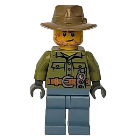 Minifigurka LEGO Volcano Explorer, Man, Olive Green Shirt, Sand Blue Legs, Dark Tan Wide Brim Hat