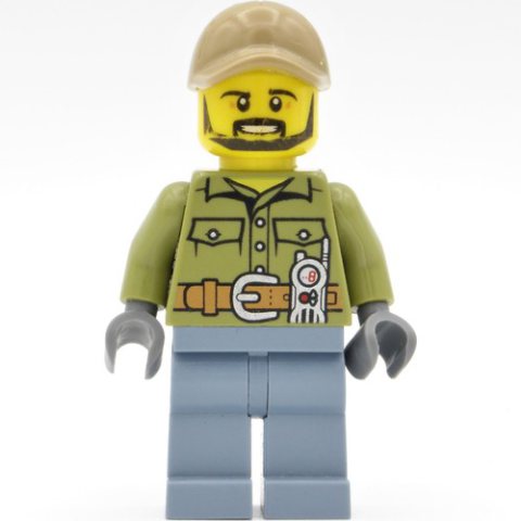 Minifigurka LEGO Volcano Explorer, Man, Olive Green Shirt, Sand Blue Legs, Dark Tan Cap, Beard
