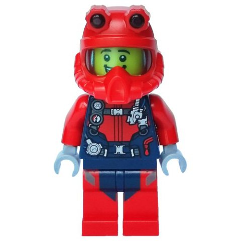 Minifigurka LEGO Diver, Man, Red and Dark Blue Wetsuit with Straps and Gauges, Red Diving Helmet, Airtanks