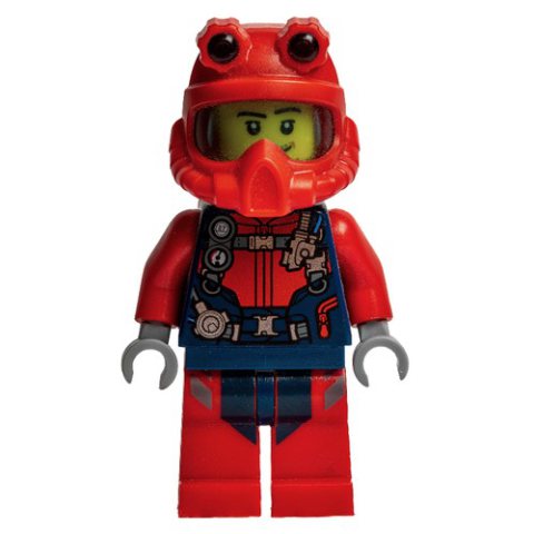 Minifigurka LEGO Diver, Man, Red and Dark Blue Wetsuit with Straps and Gauges, Red Diving Helmet, Airtanks, Stubble