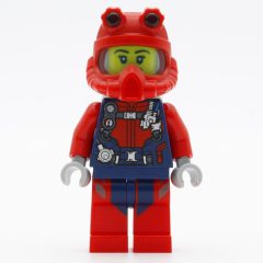 Minifigurka LEGO Diver, Woman, Red and Dark Blue Wetsuit with Straps and Gauges, Red Diving Helmet, Airtanks, Open Mouth