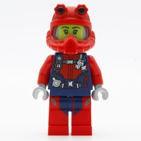Minifigurka LEGO Diver, Woman, Red and Dark Blue Wetsuit with Straps and Gauges, Red Diving Helmet, Airtanks, Open Mouth