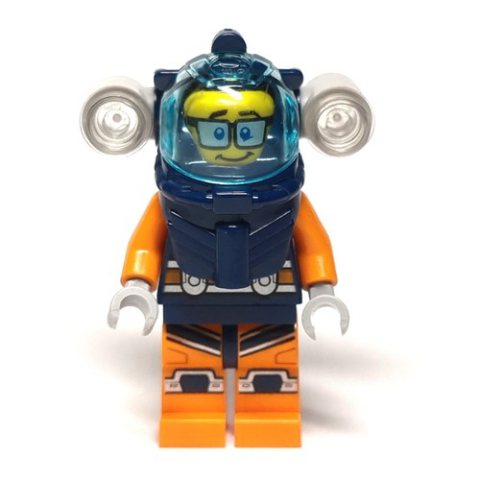 Minifigurka LEGO Diver, Man, Dark Blue and Orange Wetsuit, Dark Blue Diving Helmet with Flashlights and Visor, Glasses
