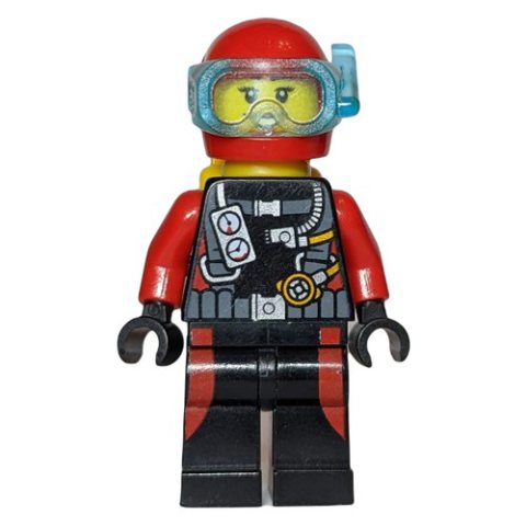 Minifigurka LEGO Diver, Woman, Black and Red Wetsuit with Gauges, Red Helmet with Mask