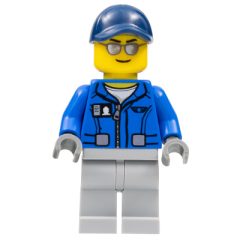Minifigurka LEGO Pilot, Blue Jacket with Zipper and Wings Badge, Dark Blue Cap, Silver Sunglasses