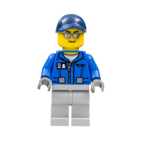 Minifigurka LEGO Pilot, Blue Jacket with Zipper and Wings Badge, Dark Blue Cap, Silver Sunglasses