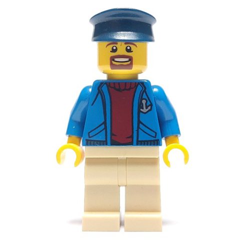 Minifigurka LEGO Ship Captain, Open Blue Jacket with Anchor over Dark Red Sweater, Tan Legs, Dark Blue Hat, Goatee Beard
