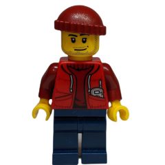 Minifigurka LEGO Marine Explorer, Open Red Jacket over Dark Red Sweater, Dark Red Hat, Stubble