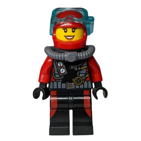Minifigurka LEGO Diver, Woman, Black and Red Wetsuit with Gauges, Red Helmet with Mask