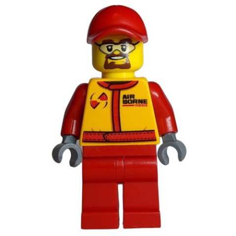 Minifigurka LEGO Racer, Red and Orange Jumpsuit, Red Cap, Goatee Beard and Safety Glasses
