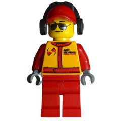Minifigurka LEGO Racer, Red and Orange Jumpsuit, Red Cap with Ear Defenders, Sunglasses