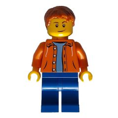 Minifigurka LEGO Man, Open Orange Shirt, Blue Legs, Dark Orange Hair