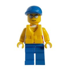 Minifigurka LEGO Man, White Tank Top with Windsurfer, Blue Legs, Blue Cap, Silver Sunglasses
