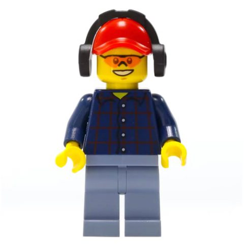 Minifigurka LEGO Lumberjack, Dark Blue Plaid Shirt, Sand Blue Legs, Red Cap with Ear Defenders, Orange Safety Glasses