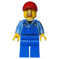 Minifigurka LEGO Man, Blue Overalls over Shirt, Blue Legs, Red Cap, Brown Goatee Beard