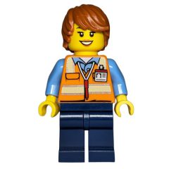 Minifigurka LEGO Ground Crew, Woman, Orange Safety Vest, Dark Orange Hair