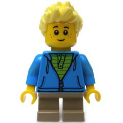 Minifigurka LEGO Boy, Open Dark Azure Hoodie with Zipper, Short Dark Tan Legs, Bright Light Yellow Hair