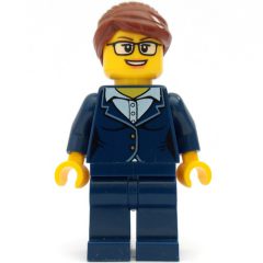 Minifigurka LEGO Woman, Dark Blue Suit, Reddish Brown Hair, Glasses