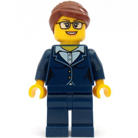 Minifigurka LEGO Woman, Dark Blue Suit, Reddish Brown Hair, Glasses