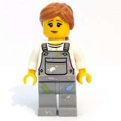 Minifigurka LEGO Woman, Light Bluish Gray Overalls with Paint Stains, Medium Nougat Hair