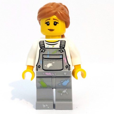 Minifigurka LEGO Woman, Light Bluish Gray Overalls with Paint Stains, Medium Nougat Hair