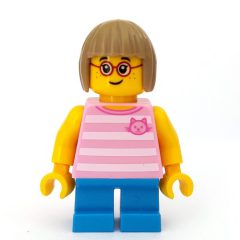 Minifigurka LEGO Girl, Bright Pink Striped Top with Cat Head, Short Dark Azure Legs, Dark Tan Hair, Glasses