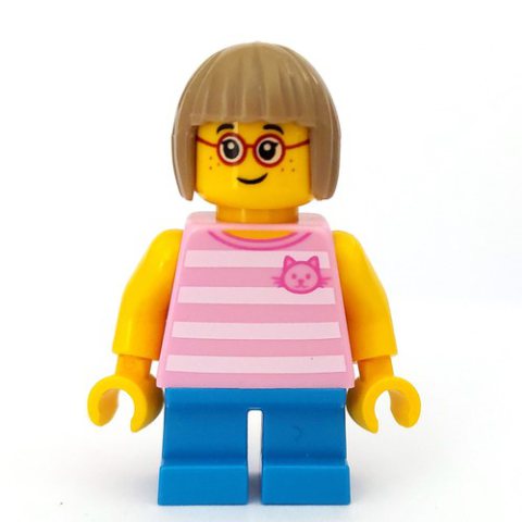 Minifigurka LEGO Girl, Bright Pink Striped Top with Cat Head, Short Dark Azure Legs, Dark Tan Hair, Glasses