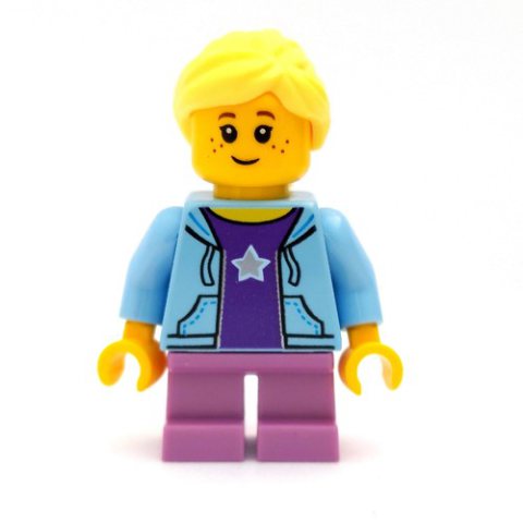 Minifigurka LEGO Girl, Open Bright Light Blue Hoodie over Dark Purple Shirt with Star, Short Medium Lavender Legs, Bright Light Yellow Hair