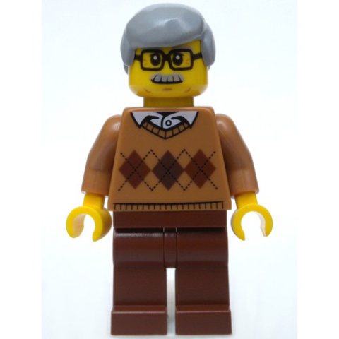 Minifigurka LEGO Man, Medium Nougat Argyle Sweater, Reddish Brown Legs, Moustache and Glasses