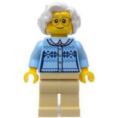 Minifigurka LEGO Woman, Bright Light Blue Cardigan, Tan Legs, White Hair, Glasses