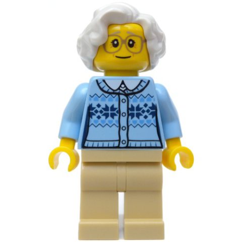 Minifigurka LEGO Woman, Bright Light Blue Cardigan, Tan Legs, White Hair, Glasses