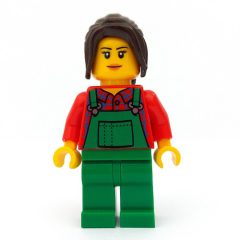 Minifigurka LEGO Woman, Green Overalls over Red Plaid Shirt, Dark Brown Hair