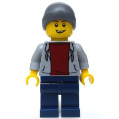 Minifigurka LEGO Man, Light Bluish Gray Hoodie over Dark Red Shirt, Dark Blue Legs, Beanie Hat