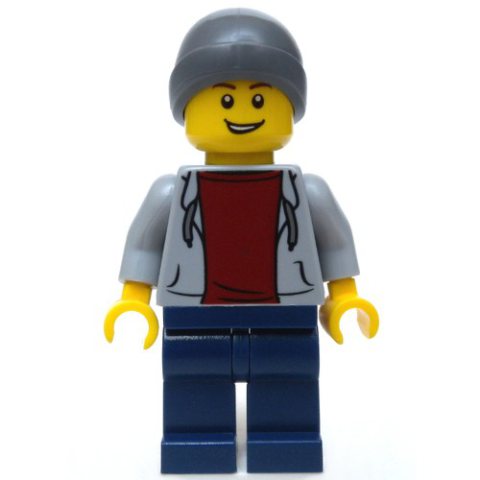 Minifigurka LEGO Man, Light Bluish Gray Hoodie over Dark Red Shirt, Dark Blue Legs, Beanie Hat