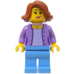 Minifigurka LEGO Woman, Open Medium Lavender Shirt over Lavender Top, Medium Blue Legs, Dark Orange Hair