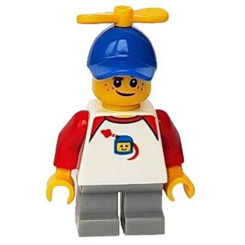 Minifigurka LEGO Boy, Classic Spaceman on Shirt, Short Light Bluish Gray Legs, Blue Cap with Propeller