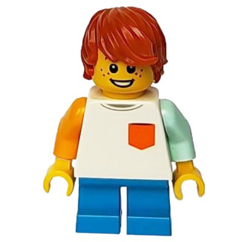 Minifigurka LEGO Boy, White Top, Short Dark Azure Legs, Dark Orange Hair
