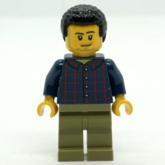 Minifigurka LEGO Man, Dark Blue Plaid Shirt, Olive Legs, Black Hair, Stubble