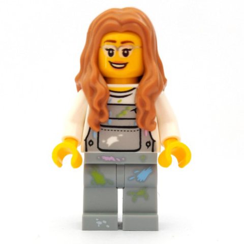 Minifigurka LEGO Woman, Light Bluish Gray Overalls with Paint Stains, Medium Nougat Hair, Glasses