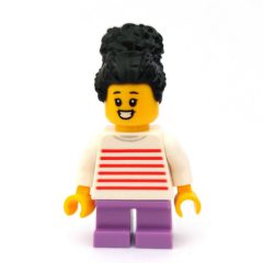 Minifigurka LEGO Girl, White and Red Striped Top, Short Medium Lavender Legs, Black Hair