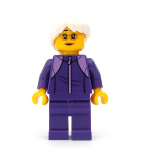 Minifigurka LEGO Woman, Dark Purple Jogging Suit, White Hair, Small Glasses