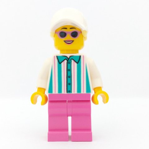 Minifigurka LEGO Woman, White and Dark Turquoise Striped Shirt, Dark Pink Legs, White with Hair