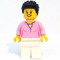 Minifigurka LEGO Woman, Bright Pink Top, White Legs, Black Hair