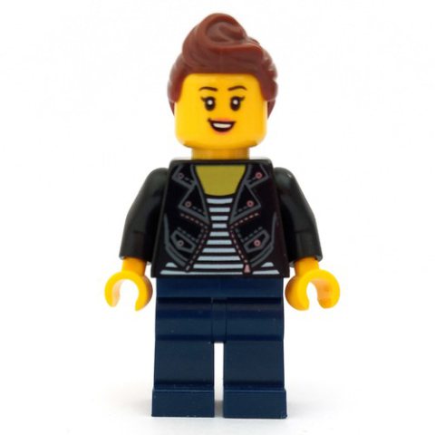 Minifigurka LEGO Woman, Open Black Jacket over Black and White Striped Top, Dark Blue Legs, Reddish Brown Hair
