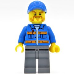 Minifigurka LEGO Worker, Blue Jacket with Orange Stripes, Sand Blue Legs, Blue Cap, Beard