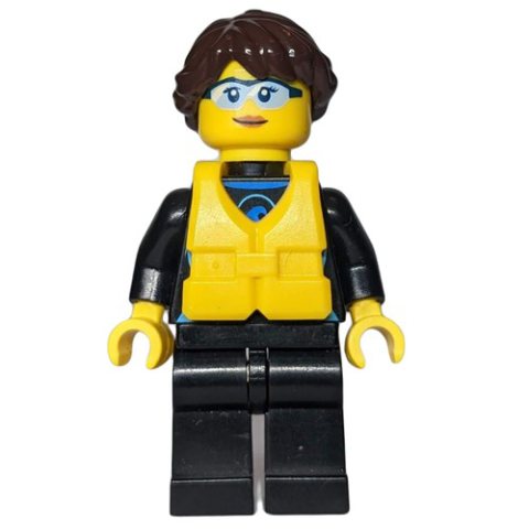 Minifigurka LEGO Woman, Black Wetsuit, Dark Brown Hair, Yellow Life Vest, Safety Glasses