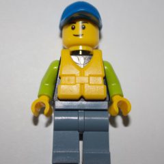 Minifigurka LEGO Man, Black and Lime Jacket, Blue Cap, Yellow Life Vest