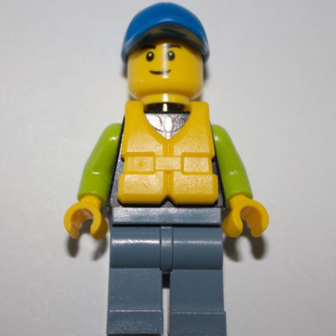 Minifigurka LEGO Man, Black and Lime Jacket, Blue Cap, Yellow Life Vest