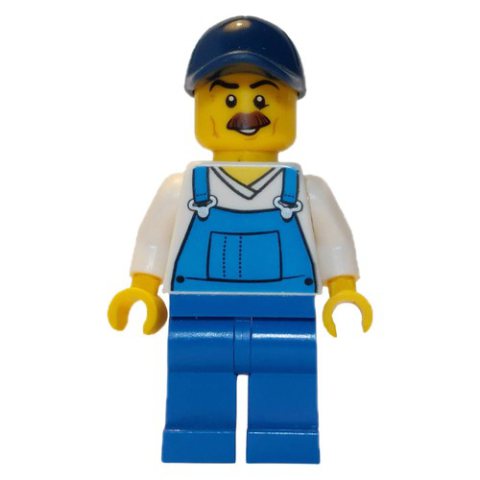 Minifigurka LEGO Man, Blue Overalls over White V-Neck Shirt, Dark Blue Cap, Moustache